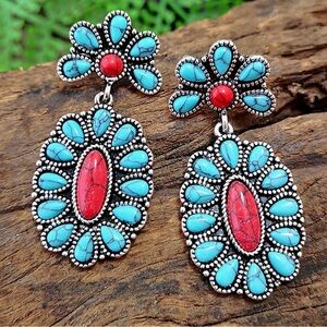 Turquoise and Red Floral Dangle Earrings